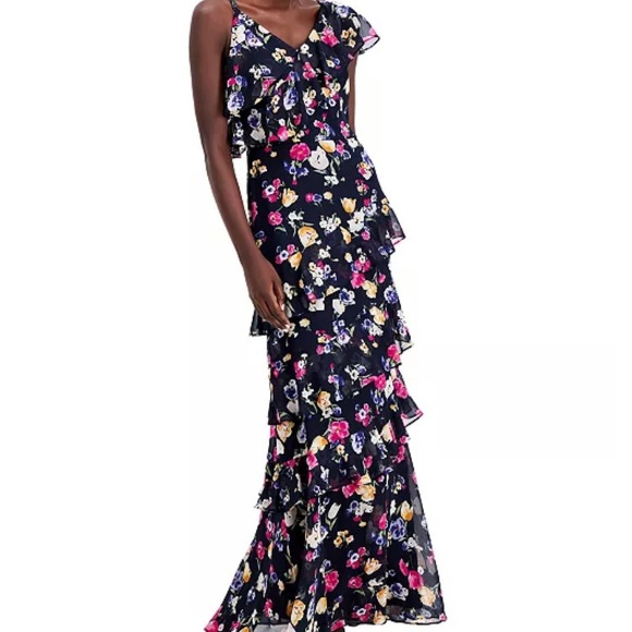 Lauren Ralph Lauren Floral Crinkled Georgette Gown - Navy Pink Multi